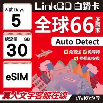 LINKGO白鑽卡 全球66國 eSIM卡 5天上網卡 總流量30GB(全球網卡 亞洲 歐洲 美洲 大洋洲 非洲)