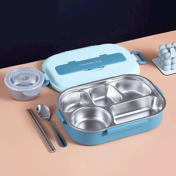 馬卡色304不鏽鋼五格微波便當盒 + 湯碗 + 餐具 1.5L  粉嫩藍  1組