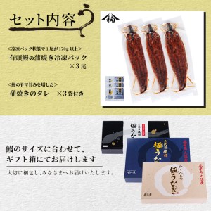 楠田の極うなぎ 蒲焼き 170g以上×3尾(計510g以上) b2-010