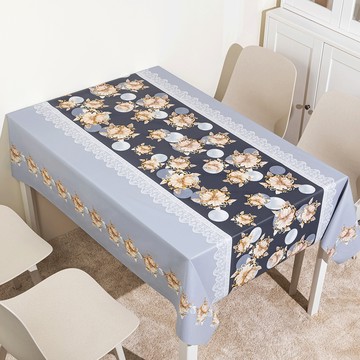 歐式古典風 璀璨蕾絲皮革桌巾 高溫轉印技術 安全無異味 防水防油  140 x 140cm  灰藍色  1個