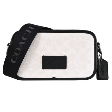 COACH CW365 WYATT 皮革LOGO印花皮革雙層拉鍊斜背包.黑/白