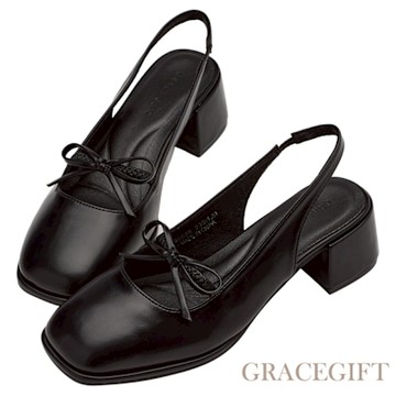 【Grace Gift】日系微甜方頭蝴蝶結後空中跟瑪莉珍鞋 黑