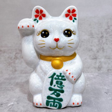 【福耀京燒】日本清水燒招財貓 | 花結晶 白 億萬両 右