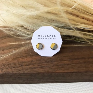 皮革耳環_圓框3號作品#6_暖黃搭灰白(可改夾)