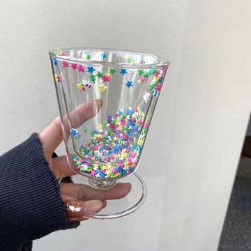 可愛亮片雙層玻璃杯星星高腳杯透明果汁飲料杯擺拍網紅杯子少女心