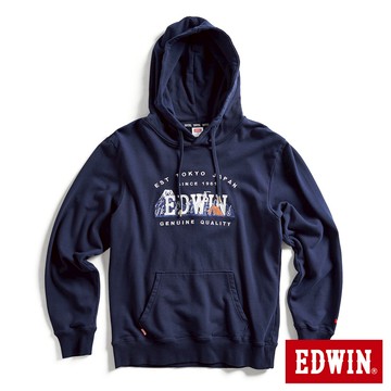 EDWIN 男款 露營系列 富士山刺繡LOGO連帽長袖T恤(丈青色)