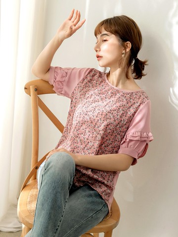 碎花雪紡拼接不易皺五分袖上衣