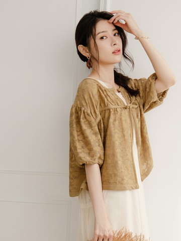 蕾絲面料泡袖寬鬆外套/罩衫