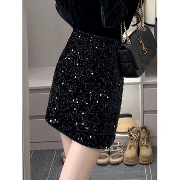韓國高級感亮片短裙2024秋冬新款高腰顯瘦黑色A字包臀裙百搭裙子