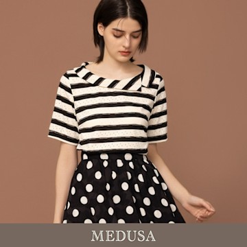 現貨【MEDUSA 曼度莎】台灣製 黑白條紋洞洞船型翻領T恤（M-XL）｜女休閒上衣 短袖T恤 夏季穿搭