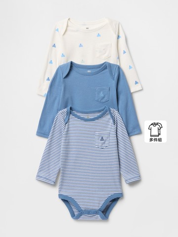 嬰兒裝 小熊刺繡/印花圓領長袖包屁衣三件組-藍色組合