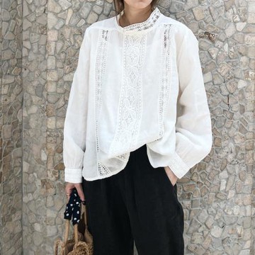 2025春夏新女 日系韓版大碼復古蕾絲邊顯瘦棉麻亞麻長袖打底襯衫