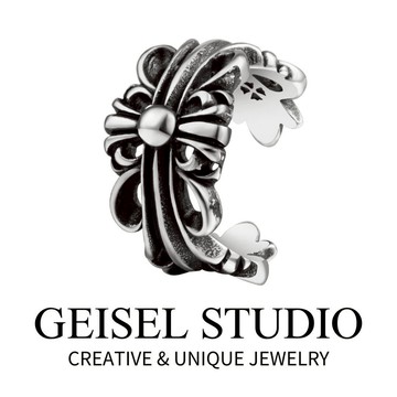 【GEISEL】 花邊十字復古戒指 時尚風 不規則 戒指 尾戒 開口造型戒 個性戒指 嘻哈戒指(D-030)