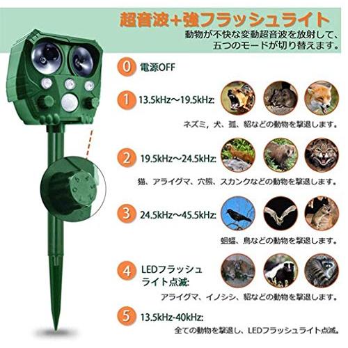 動物撃退器 害獣撃退 超音波 ソーラー充電 強力フラッシュライト 赤外線センサー 猫除け 鳥除け 犬除