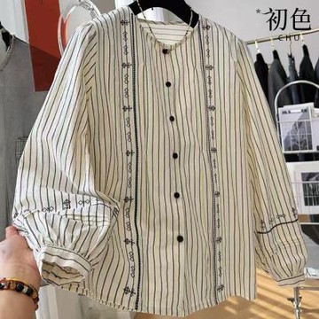 初色 韓系寬鬆條紋刺繡單排釦圓領長袖小衫娃娃衫襯衫上衣女上衣-米色-15133(M-2XL可選)