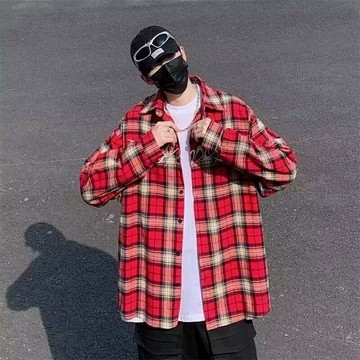 【老林】美式複古 嘻哈風 紅色刺繡格子情侶襯衫 hiphop高街長袖 上衣襯衣外套 超火