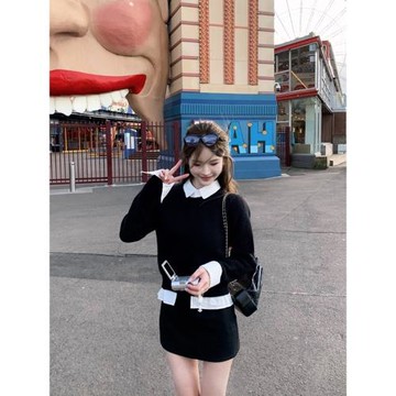 法式慵懶假兩件襯衫拼接毛衣長袖女設計高級感氣質針織衫上衣春秋