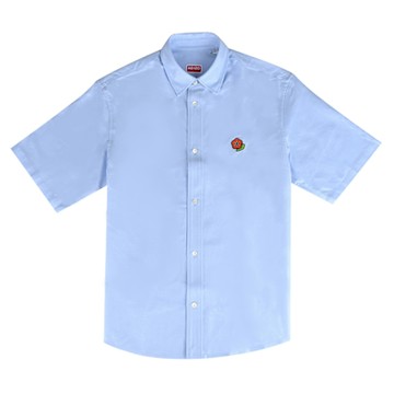KENZO POP海棠花刺繡LOGO牛津棉質短袖休閒襯衫(男款/天空藍)