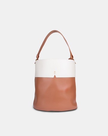 Gaia Jumbo 素皮革 水桶包 側背包 手拿包 棕色x米白色