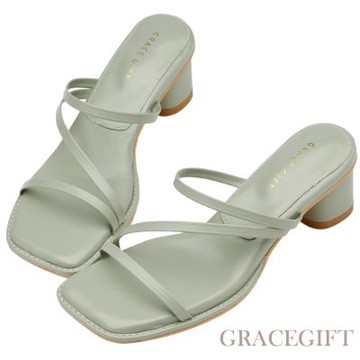【Grace Gift】時髦日常交叉細帶雲感中跟拖鞋 淺綠