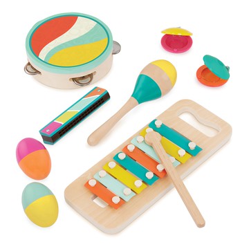 B.toys 科育感統玩具 慢半拍小旅行樂隊 2歲以上  1個  鐵琴 27.5 x 11 x 3xm + 琴槌 19.5 x 2.5 x 1cm + 口琴 13 x 2.5 x 2cm + 手搖鈴 19 x 6 x 6cm + 蛋沙鈴 7.5 x 4.5cm + 鈴鼓 14.5
