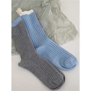 ins灰色藍色布標襪子女韓國中筒襪學院運動風百搭堆堆襪棉純色