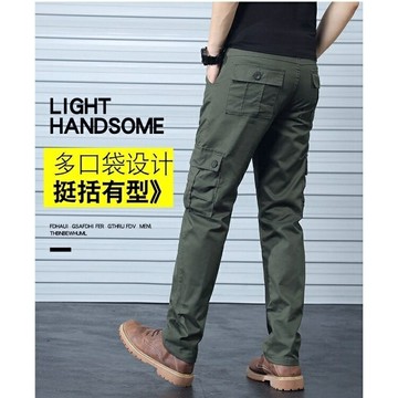 春夏六口袋勞保工裝褲男士純棉多口袋工作褲耐磨夏季寬鬆直筒長褲  日系工作長褲 簡約百搭長褲大尺碼工作褲男