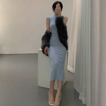 韓國東大門舒適女裝氣質女人味 性感顯身材高領無袖長款連衣裙 sg