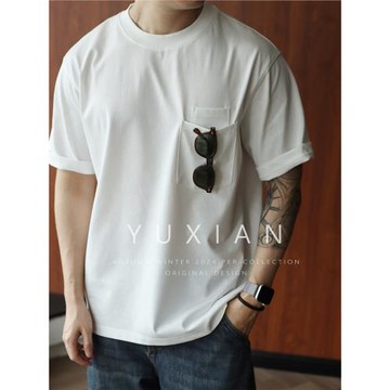 (免運)YUXIAN日系涼感口袋純色短袖210克圓領T恤復古休閑寬松廓形春夏季