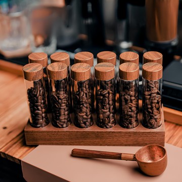 Solar Life 索樂生活 咖啡豆分裝試管 22g 12個 + 展示架  胡桃木色/透明色  1組