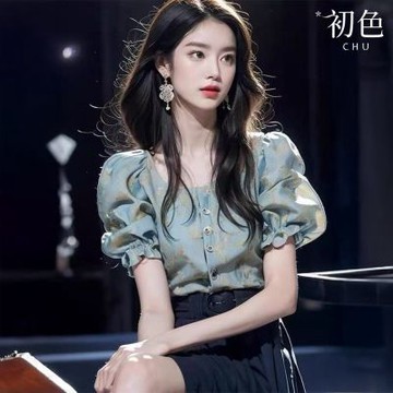 初色 法式拼色碎花印花泡泡短袖排扣圓領襯衫上衣女上衣-淺藍色-14027(M-XL可選)