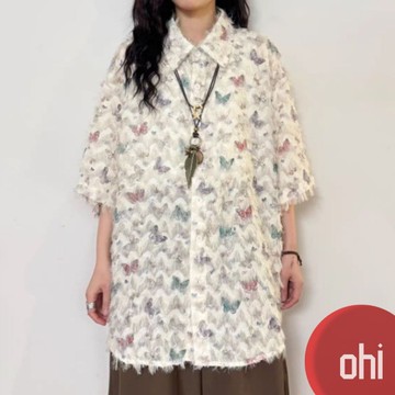 【ohi】美式復古蝴蝶印花流蘇短袖襯衫上衣 女生襯衫 短袖襯衫 襯衣 短袖上衣 女裝 GSX8068