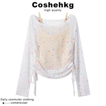 Coshehkg星星印花一字肩抽褶罩衫女新款夏季可愛感多巴胺串珠吊帶