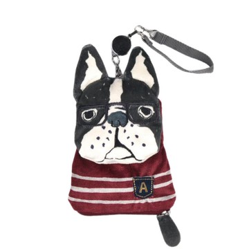 Kusuguru Japan 票卡夾 伸縮卷線零錢包 刺繡絨毛立體造型-鬥牛犬