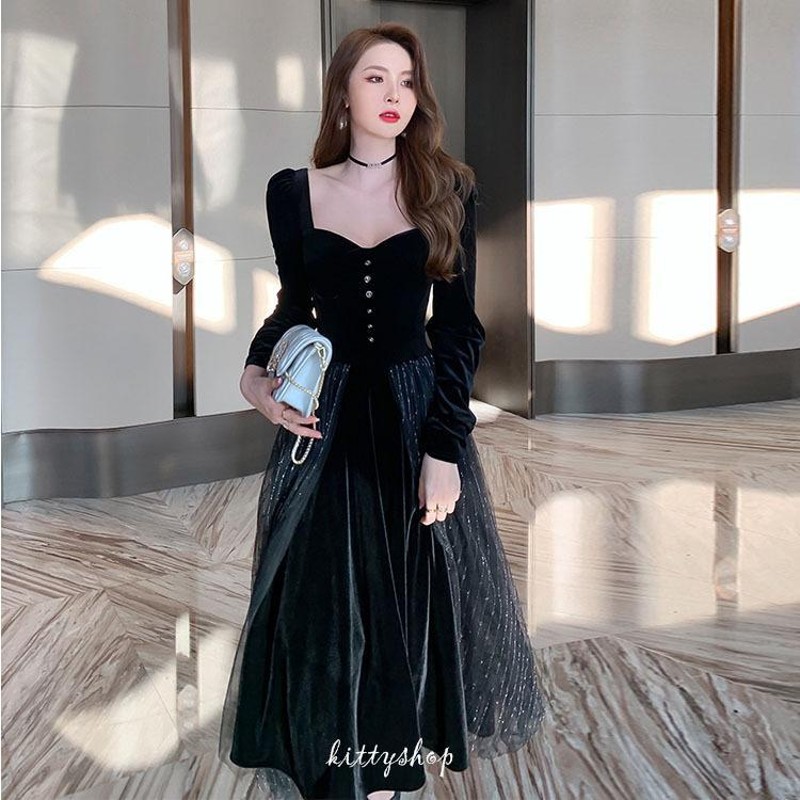 ワンピース ベロア ベルベット 黒 ブラック ロング ドレス フォーマル