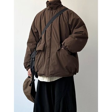 冬季新款休閒百搭寬鬆保暖簡約風上衣男棕色長袖棉服男