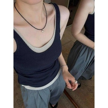 使用者好評🌟藏藍色假u領背心女夏季外穿短款無袖上衣9RLY