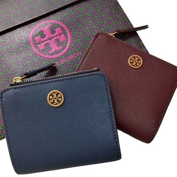 TORY BURCH ROBINSON 金屬LOGO小圓標壓釦式零錢短夾 兩色可選 深藍／酒紅
