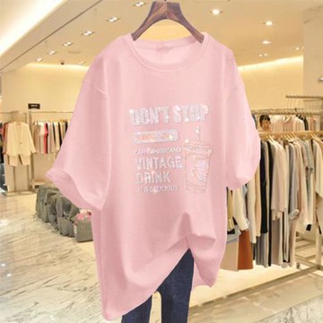 歐洲站中長款粉紅色t恤女燙鉆咖啡字母寬松顯瘦圓領網紅短袖潮