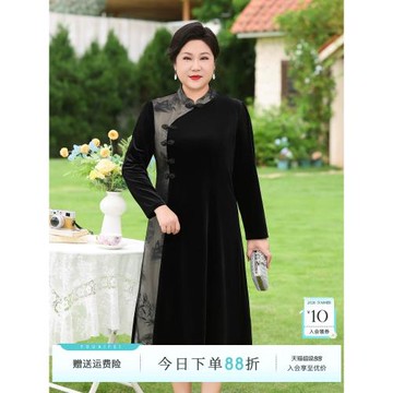胖媽媽新中式國風連衣裙洋氣絲絨高貴拼接款中老年女裝高檔中長裙