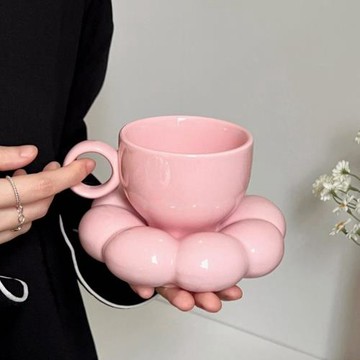 奶乎乎花朵胖咖啡杯碟女生下午茶套裝陶瓷馬克杯拿鐵杯