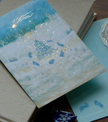 燙金聖誕卡 - 兔子與聖誕夜的流星