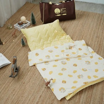 BUHO 布歐 多功能兒童睡墊四季被 100%純棉雙層紗  萌趣 淺黃色  睡墊 140 x 70cm + 蓋被 120 x 90cm + 枕頭 70 x 30cm