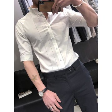 潮牌潮流短袖襯衫男高級感痞帥設計感夏季男士七分袖襯衣條紋白寸