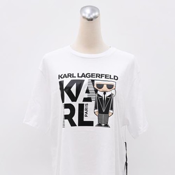 KARL LAGERFELD 卡爾 Q版老佛爺條紋字母棉質短T恤.白