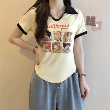 2023夏裝女大碼時尚卡通白雪公主印花短袖純棉t恤胖mm設計感上衣