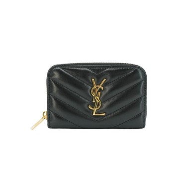 YSL 展示品 小羊皮拉鍊零錢卡包(753788-黑)