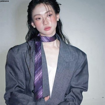 【復古小眾紫色條紋絲巾領帶】春夏新款 飄帶 西裝襯衫系脖絲巾配飾 襯衫領帶 領帶 女 紫色條紋領帶 復古領帶 襯衫加領帶