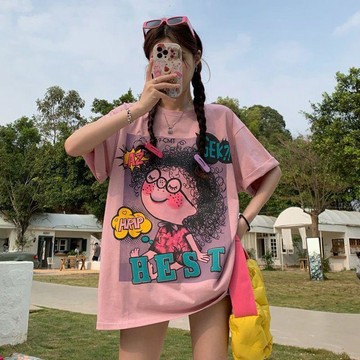 特大碼短袖300寬鬆韓版mmBF慵懶半袖上衣塗鴉印花T恤女潮ins顯瘦011715