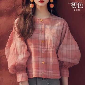 初色 格紋百搭寬鬆顯瘦圓領泡泡袖短袖襯衫上衣女上衣-粉色-38115(M-3XL可選)